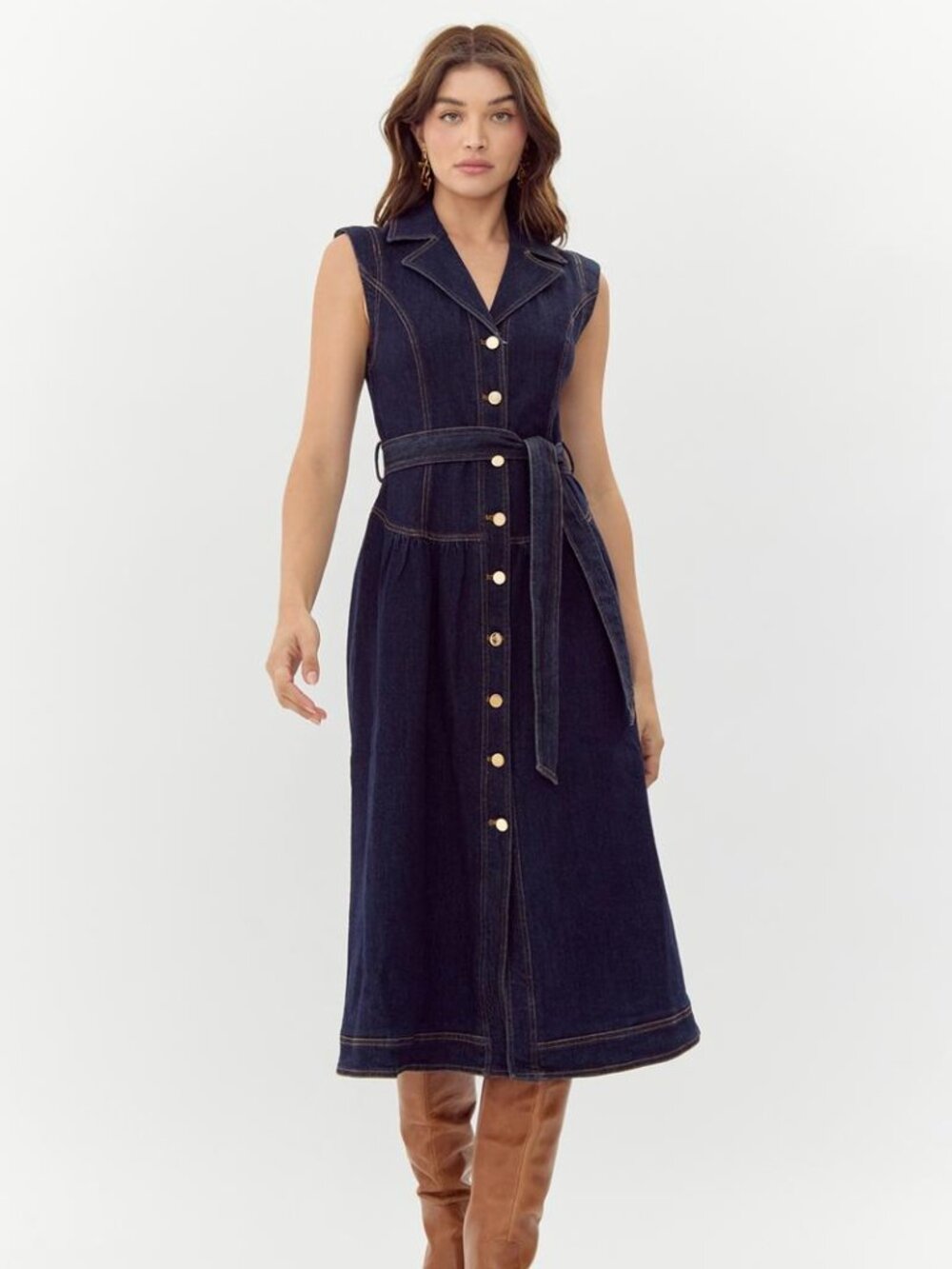 Adelyn Rae Gloria Belted Denim Shirt Midi Dress